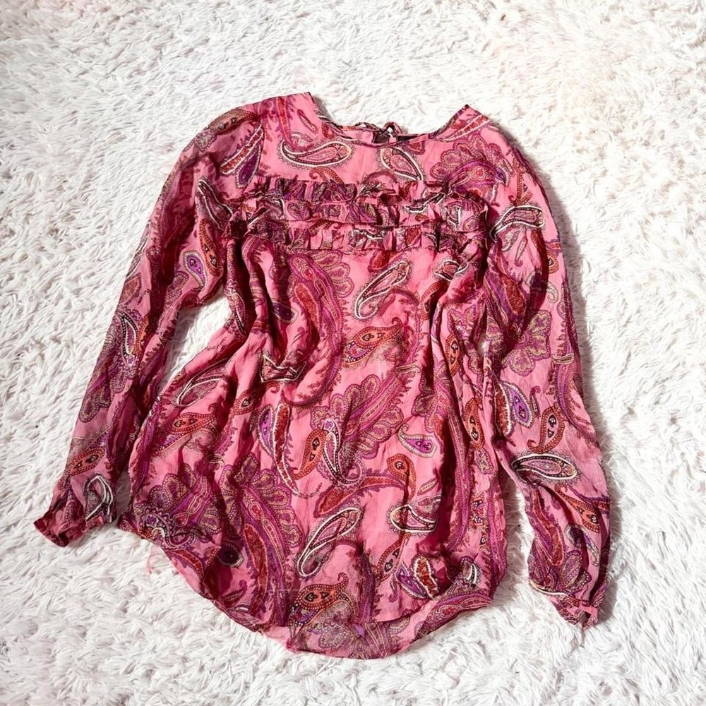 100% Silk Delicate Flowy Ruffle Boho Paisley Earthy Indie Top Womens 0 Cottage